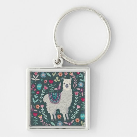 Cute Llama Floral Design Sleutelhanger (Voorkant)