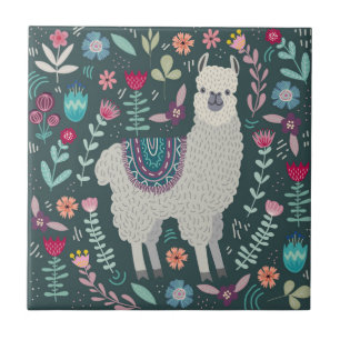 Cute Llama Floral Design Tegeltje