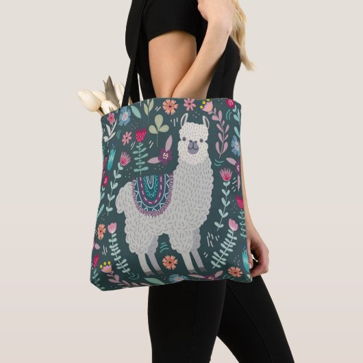 Cute Llama Floral Design Tote Bag (Dichtbij)