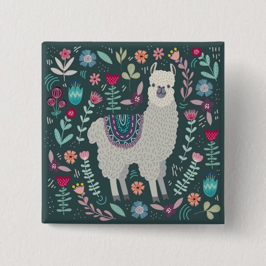 Cute Llama Floral Design Vierkante Button 5,1 Cm (Voorkant)