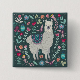 Cute Llama Floral Design Vierkante Button 5,1 Cm