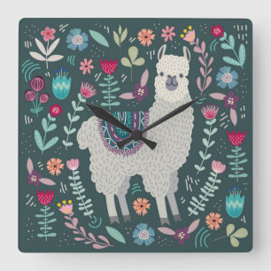 Cute Llama Floral Design Vierkante Klok