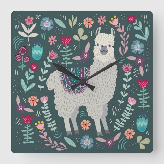Cute Llama Floral Design Vierkante Klok (Voorkant)
