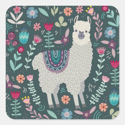 Cute Llama Floral Design Vierkante Sticker (Voorkant)