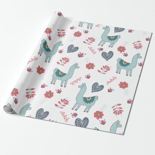 Cute Llama Floral Pattern Print Cadeaupapier (Uitgerold)