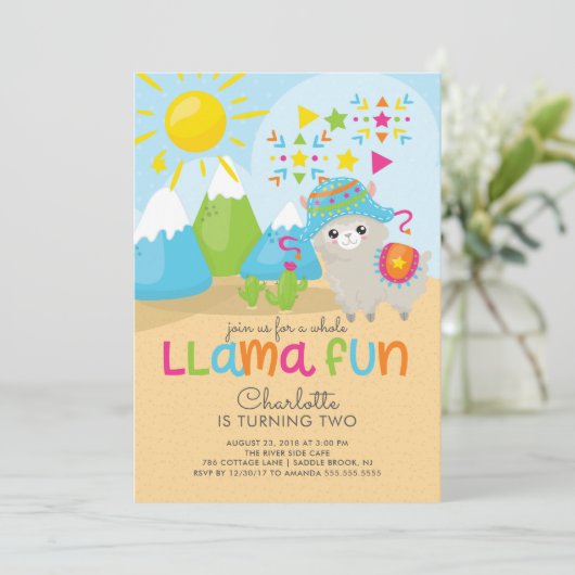Cute Llama Fun Birthday Invitation Kaart (Staand voorkant)