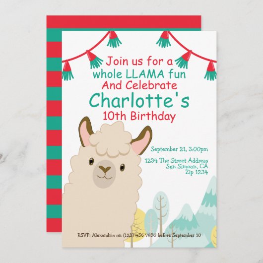 Cute Llama Fun Birthday Party Kaart (Voorkant / Achterkant)