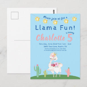 Cute Llama Fun Blue Birthday Party Briefkaart