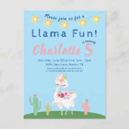 Cute Llama Fun Blue Birthday Party Briefkaart