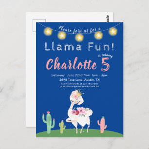 Cute Llama Fun Blue Birthday Party Invitation Briefkaart