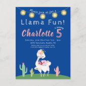 Cute Llama Fun Blue Birthday Party Invitation Briefkaart (Voorkant)
