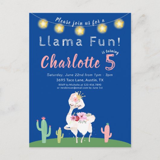 Cute Llama Fun Blue Birthday Party Invitation Briefkaart (Voorkant)
