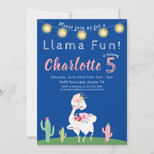 Cute Llama Fun Blue Birthday Party Kaart (Voorkant)