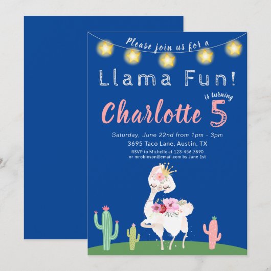 Cute Llama Fun Blue Birthday Party Kaart (Voorkant / Achterkant)