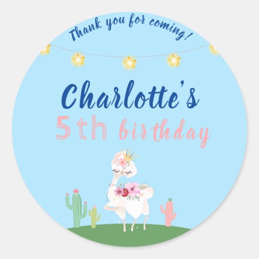 Cute Llama Fun Blue Birthday Party Ronde Sticker (Voorkant)