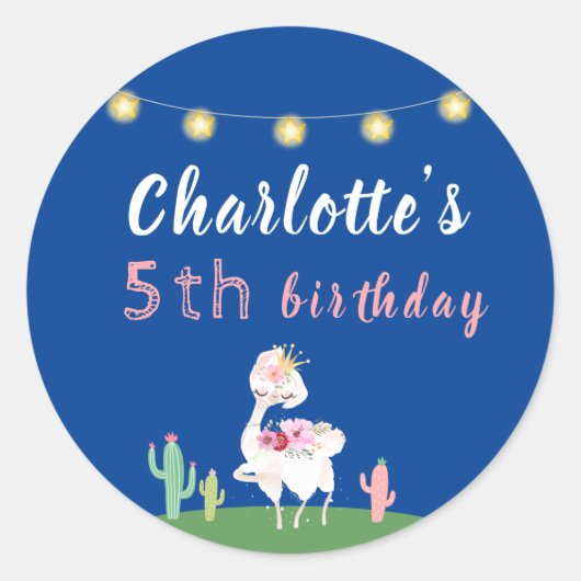 Cute Llama Fun Dark Blue Birthday Party Ronde Sticker (Voorkant)