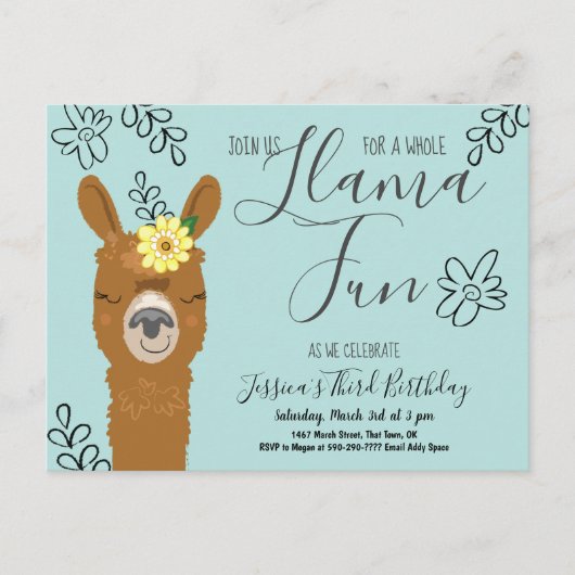 Cute Llama Fun Girls Birthday Party Invitation Briefkaart (Voorkant)