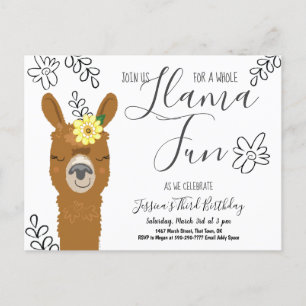 Cute Llama Fun Girls Birthday Party Invitation Uitnodiging Briefkaart