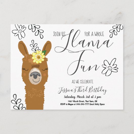 Cute Llama Fun Girls Birthday Party Invitation Uitnodiging Briefkaart (Voorkant)