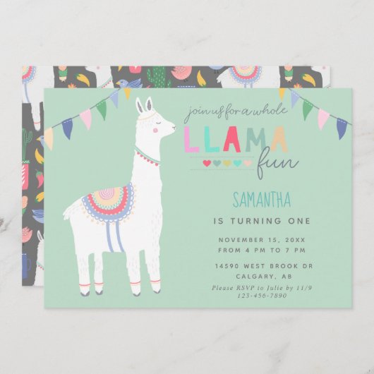 Cute Llama Fun Kind Birthday Fiesta Banner Kaart (Voorkant / Achterkant)