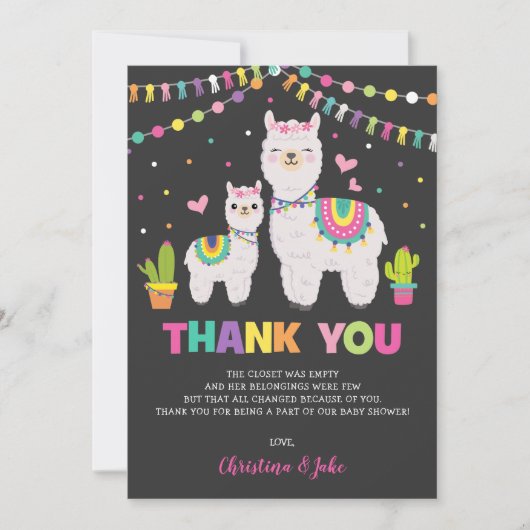 Cute Llama Girl Baby shower Fiesta Hartelijk dank Bedankkaart (Voorkant)