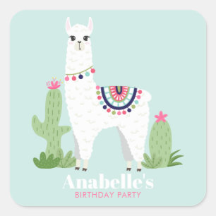 Cute Llama Girl's Birthday Party Vierkante Sticker