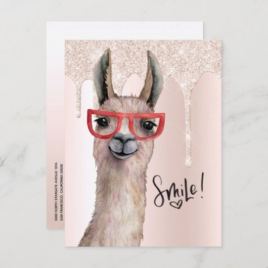 Cute Llama Girly Pink Glitter Hartelijk dank Briefkaart (Voorkant / Achterkant)