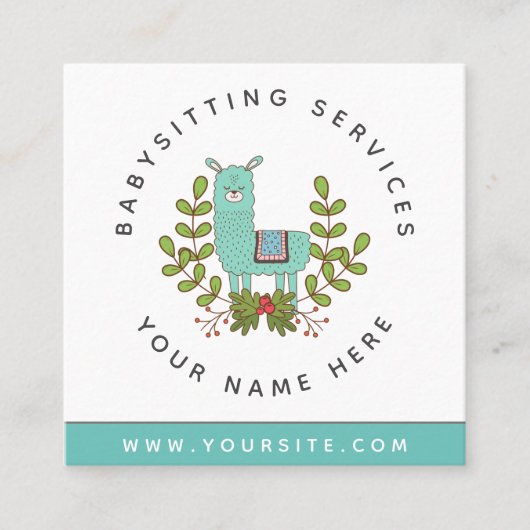 Cute Llama Greenery Daycare Childcare Babysitter Vierkante Visitekaartje (Voorkant)
