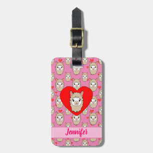 Cute Llama Head en Red Hearts Pink Background Bagagelabel