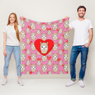 Cute Llama Head en Red Hearts Pink Background Fleece Deken