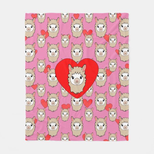 Cute Llama Head en Red Hearts Pink Background Fleece Deken (Voorkant)