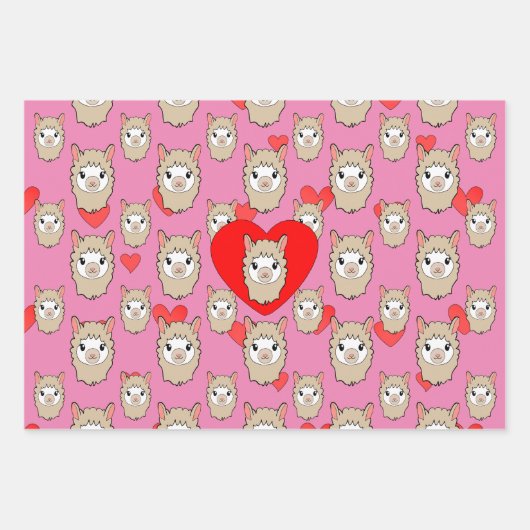 Cute Llama Head en Red Hearts Pink Background Inpakpapier Vel (Voorkant 3)
