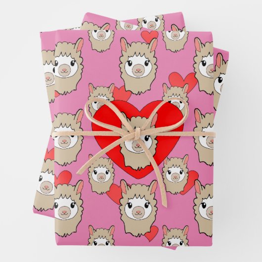 Cute Llama Head en Red Hearts Pink Background Inpakpapier Vel (In situ)