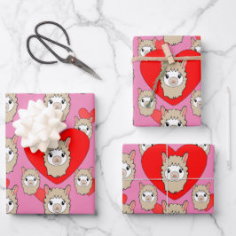 Cute Llama Head en Red Hearts Pink Background Inpakpapier Vel