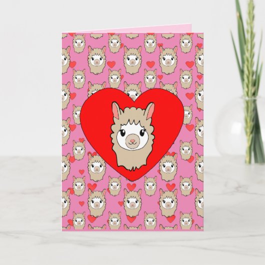 Cute Llama Head en Red Hearts Pink Background Kaart (Voorkant)