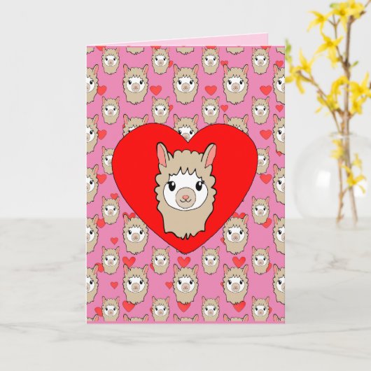 Cute Llama Head en Red Hearts Pink Background Kaart (Gele Bloem)