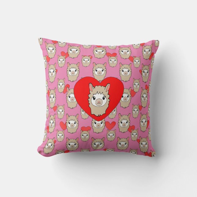 Cute Llama Head en Red Hearts Pink Background Kussen (Voorkant)