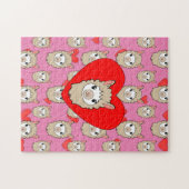 Cute Llama Head en Red Hearts Pink Background Legpuzzel (Horizontaal)