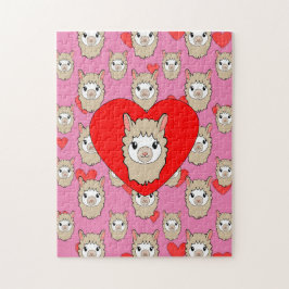 Cute Llama Head en Red Hearts Pink Background Legpuzzel