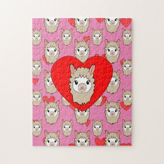Cute Llama Head en Red Hearts Pink Background Legpuzzel (Verticaal)