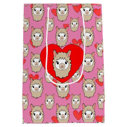 Cute Llama Head en Red Hearts Pink Background Medium Cadeauzakje (Achterkant)