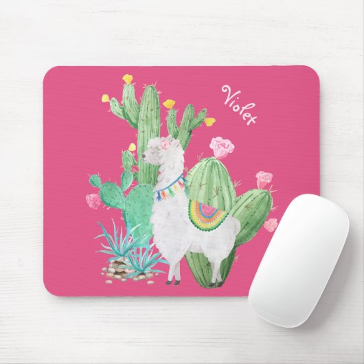 Cute Llama in Cactus Garden - Gepersonaliseerd Roz Muismat (Met muis)