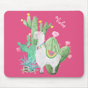 Cute Llama in Cactus Garden - Gepersonaliseerd Roz Muismat