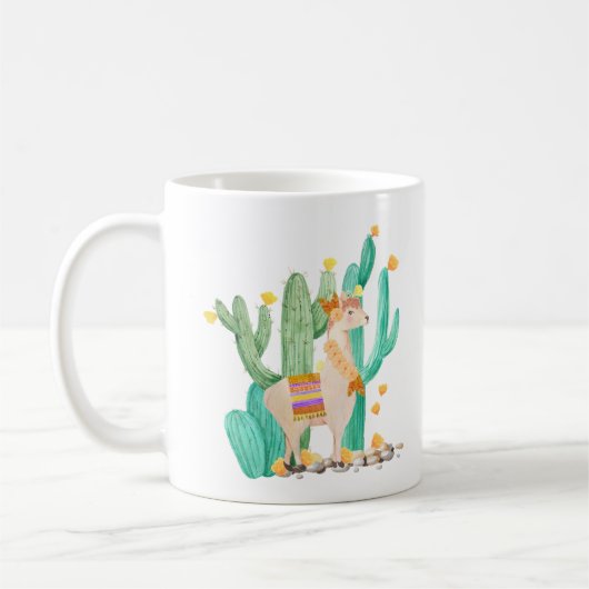 Cute Llama in Gele bloeiende Cactus Garden Scene Koffiemok (Links)