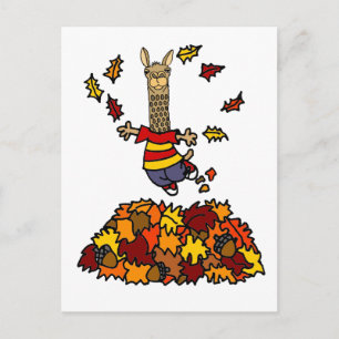 Cute Llama Jumping in Leaf Pile Cartoon Briefkaart