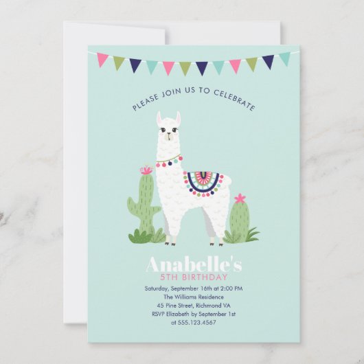 Cute Llama Kids Birthday Party Kaart (Voorkant)