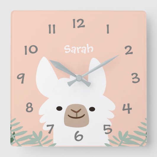 Cute Llama Kinder Nursery Wall Clock Vierkante Klok (Voorkant)