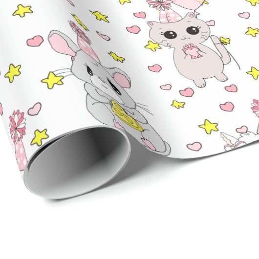 Cute Llama, Kitten en Mouse Cupcake Pink Girl's Cadeaupapier (Rol Hoek)