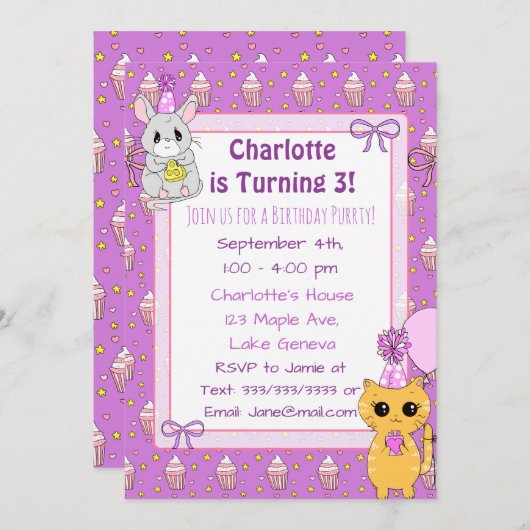 Cute Llama, Kitten en Mouse Paarse verjaardag Kaart (Voorkant / Achterkant)