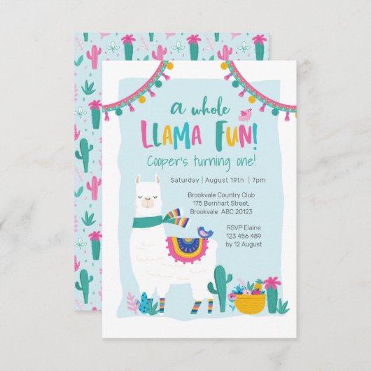 Cute Llama leuke cactus Birthday Invitation Kaart (Voorkant / Achterkant)